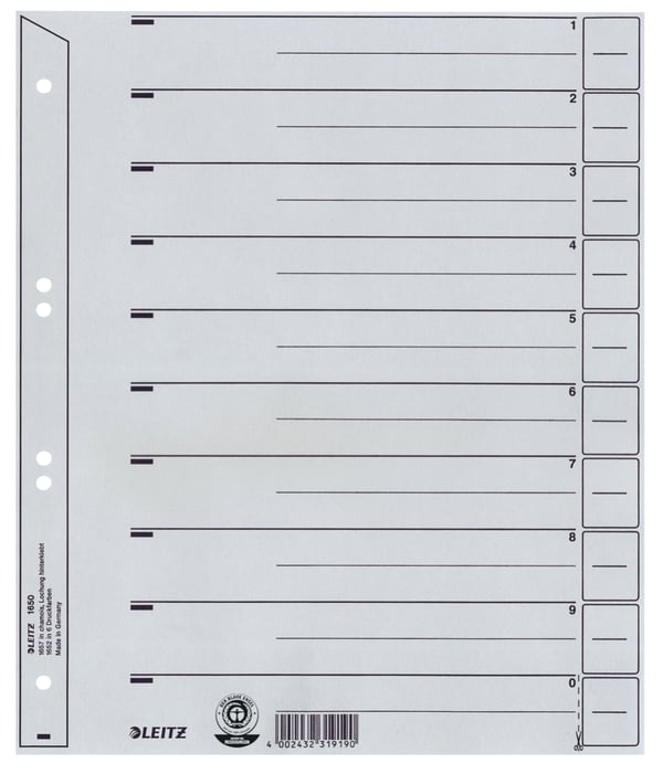Leitz 16500085 hakemisto Numeroitu välilehtihakemisto Pahvi Harmaa