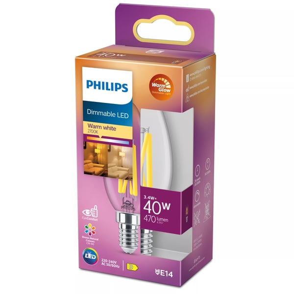 Philips LED-filamenttilalamppu - Muoto: B35 - kirkas viimeistely - E14 - 3,4 W (vastaa 40 W)