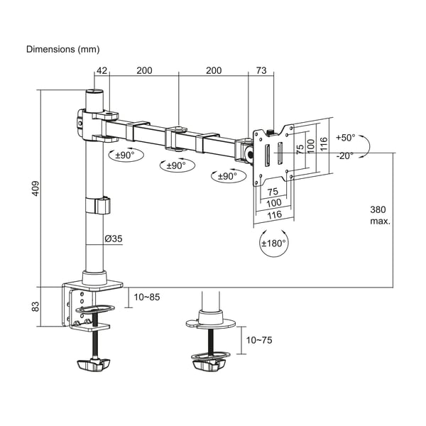 ACT AC8325 skærmbeslag og -stativer 124,5 cm (49") Skrivebord Sort