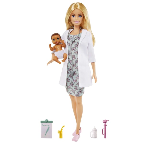 Barbie Barbie-lastenlääkärisetti, jossa vaaleahiuksinen nukke, vauvanukke ja tarvikkeita