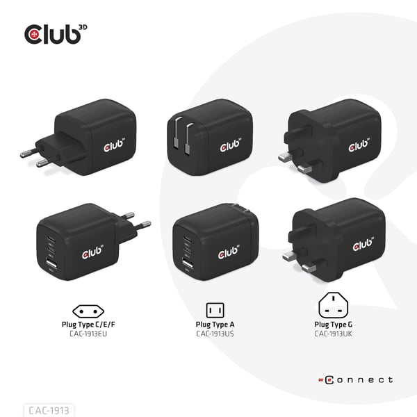 CLUB3D Travel Charger PPS 65Watt GAN technology, Triple port (2x USB Type-C + USB Type-A) Power Delivery(PD) 3.0 Support
