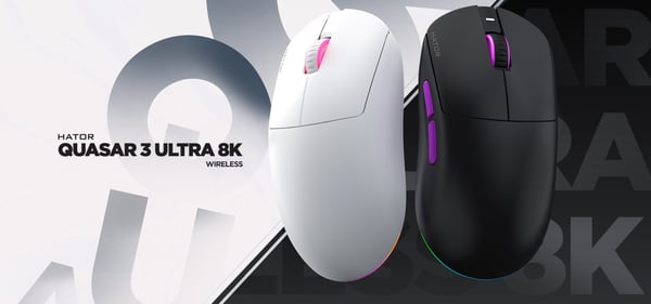 HATOR Quasar 3 Ultra 8K+8K Wireless gamingmus, 2.4 GHz + Bluetooth + USB, Optical 100M Switches, PixArt PAW3950, RGB, Web SyncHUB™, Vit-violett