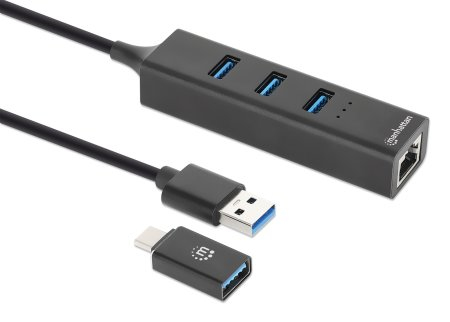 Manhattan 3-Port USB 3.0 Typ-C Typ-A Kombinationshubb med Gigabit-nätverksadapter 5 Gbit/s