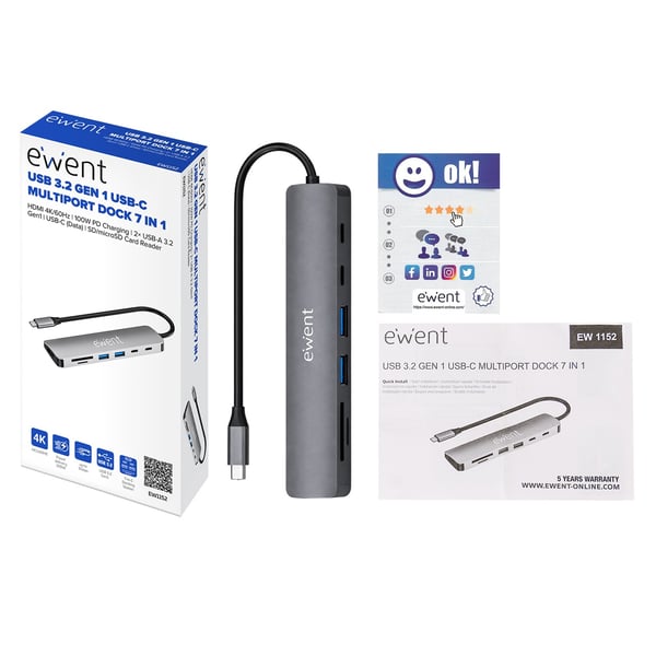 Ewent EW1152 kannettavien tietokoneiden telakka ja porttitoistin Langallinen USB 3.2 Gen 1 (3.1 Gen 1) Type-C Harmaa
