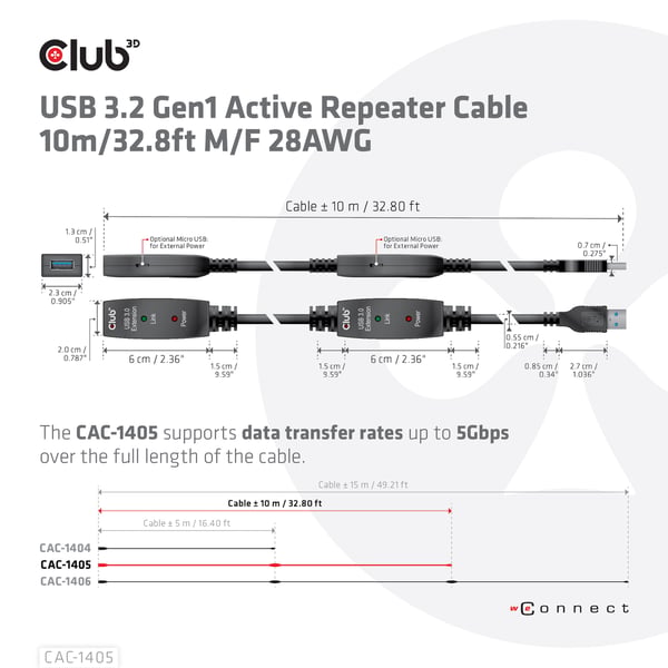 CLUB3D CAC-1405 USB-kaapeli USB 3.2 Gen 2 (3.1 Gen 2) 10 m USB A 5 Gbit/s Musta