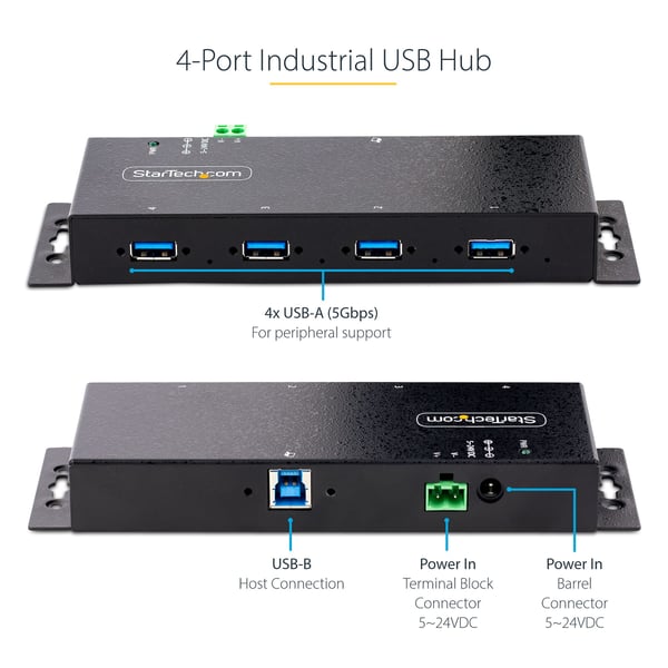 StarTech.com Industriell USB 3.0 5 Gbps-hubb med 4 portar. Robust USB-hubb med ESD- och överspänningsskydd. DIN-, vägg- eller skrivbordsmonterbar USB-A-hubb. USB-expander med låsbara portar, kraftig