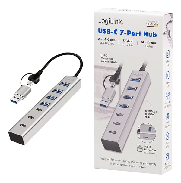 LogiLink UA0442 gränssnittshubbar USB 3.2 Gen 1 (3.1 Gen 1) Type-A + Type-C 5000 Mbit/s Grå