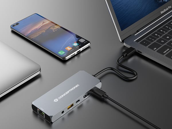 Conceptronic DONN22G kannettavien tietokoneiden telakka ja porttitoistin Langallinen USB 3.2 Gen 2 (3.1 Gen 2) Type-C Harmaa