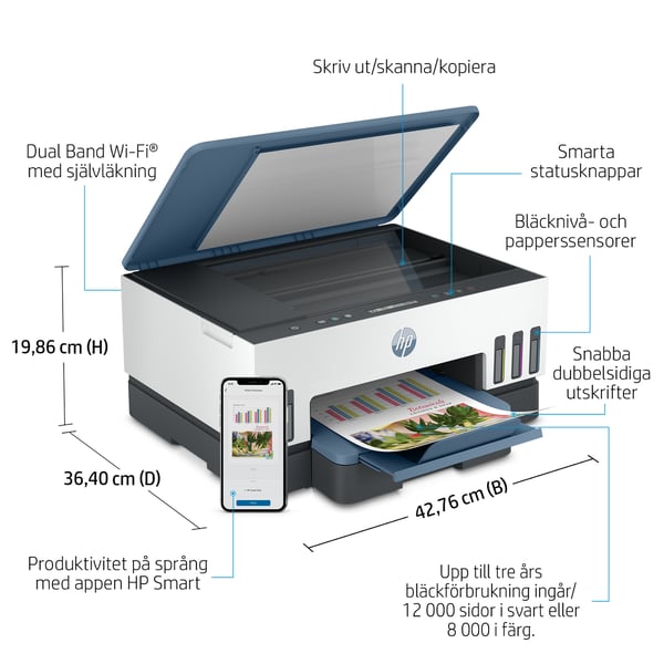 HP Smart Tank 7006 Trådlöst All-in-One Färg Skrivare, Dubbelsidig utskrift; Kopiator, skanner