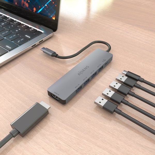 AISENS ASUC-6P047-GR kannettavien tietokoneiden telakka ja porttitoistin Langallinen USB 3.2 Gen 1 (3.1 Gen 1) Type-C Harmaa