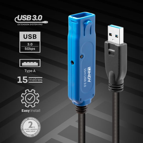 Lindy 43229 USB-kabel USB 3.2 Gen 1 (3.1 Gen 1) 15 m USB A 5 Gbit/sek. Sort