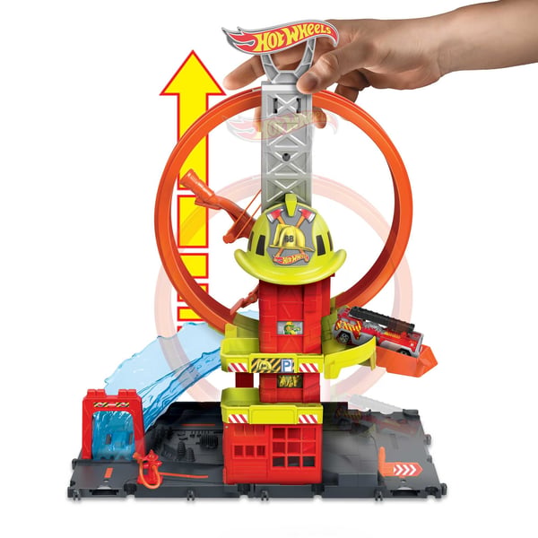 Hot Wheels City Super Loop-brandstationslekset, banset med 1 leksaksbil