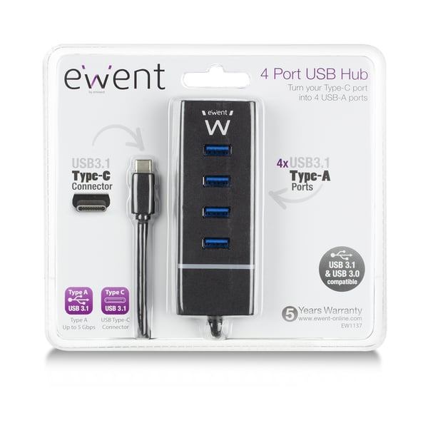 Ewent EW1137 gränssnittshubbar USB 3.2 Gen 1 (3.1 Gen 1) Type-C 5000 Mbit/s Svart