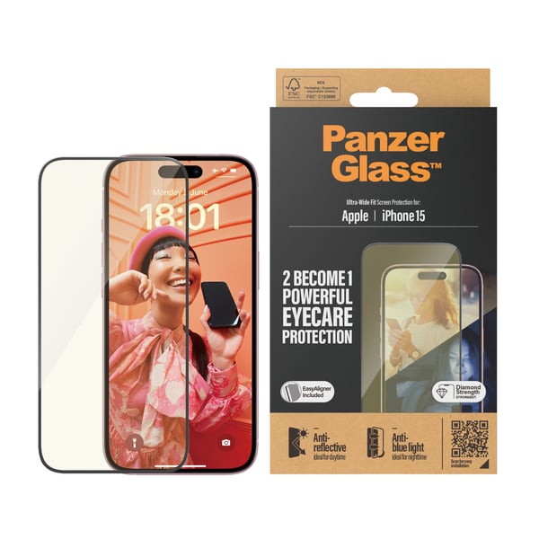 PanzerGlass ® EyeCARE™ Screen Protection iPhone 15 | Ultra-Wide Fit w. EasyAligner Genomskinligt skärmskydd Apple 1 styck
