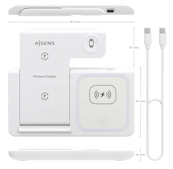 AISENS ASCH-15W3WC044-W oplader til mobil enhed Headset, Mobiltelefon, Smartphone, SmartWatch Hvid USB Trådløs opladning Hurtig opladning Indendørs
