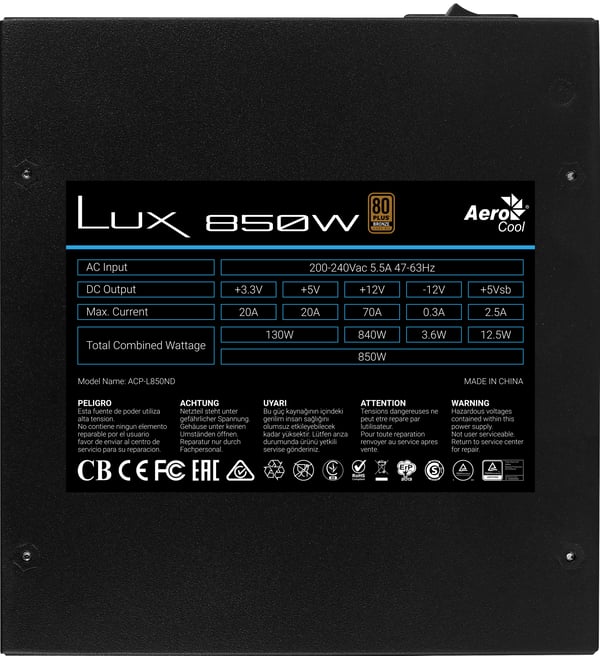 Aerocool LUX 850W strömförsörjningsenheter 20+4 pin ATX Svart