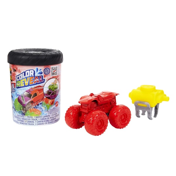 Hot Wheels Monster Trucks Color Reveal ‐monsteriauto, 1:64-mittakaavan väriä vaihtava leluauto, kaksi astiaa, kansi ja autoon kiinnitettävä vesitykki