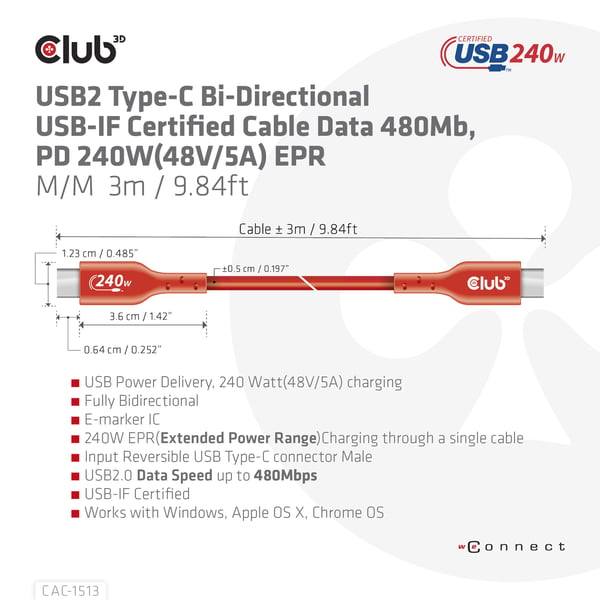 CLUB3D CAC-1513 USB-kabel USB 2.0 3 m USB C 240 W Orange