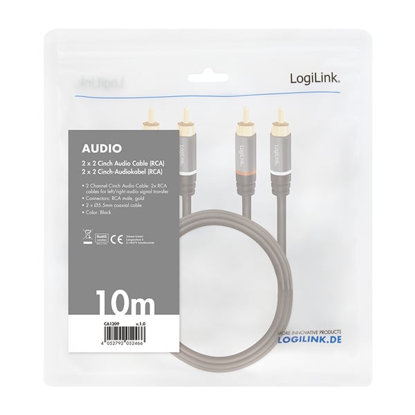 LogiLink CA1209 audiokaapeli 10 m 2 x RCA Musta