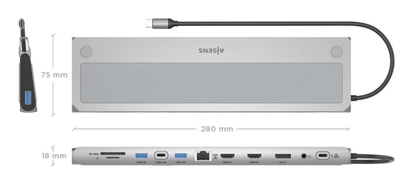 AISENS ASUC-12P020-GR kannettavien tietokoneiden telakka ja porttitoistin Langallinen USB 3.2 Gen 1 (3.1 Gen 1) Type-C Harmaa
