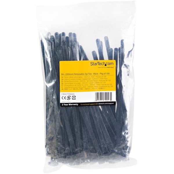 StarTech.com 20cm återanvändbara kabelkopplingar - 7mm bred, 50mm buntdiameter 22kg draghållfasthet, lösbara nylonbindningar, inomhus/utomhus, 94 V-2/UL listad, 100-pack - svart