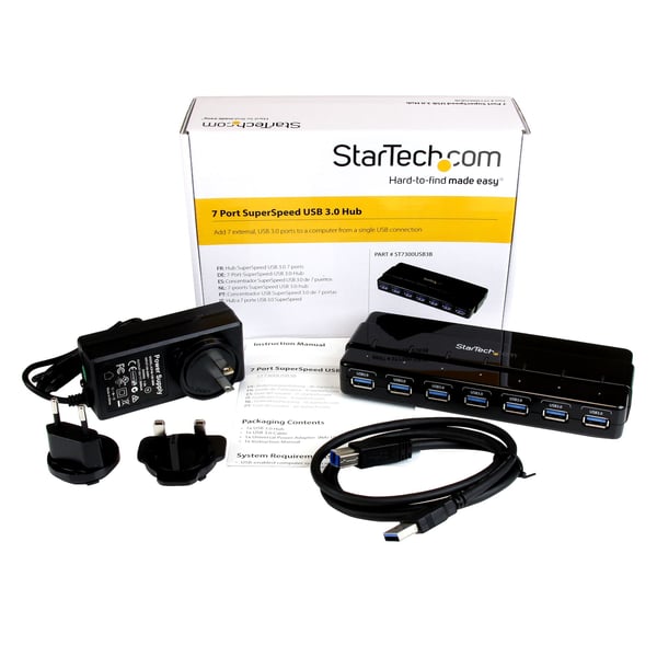 StarTech.com 7 Port USB 3.0 SuperSpeed Hub - USB 3 Hub med nätadapter/strömanslutning och kabel