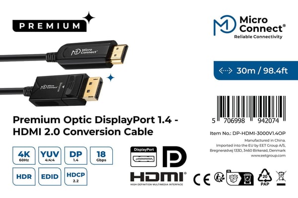 Microconnect DP-HDMI-3000V1.4OP videokaapeli-adapteri 30 m DisplayPort HDMI-tyyppi A (vakio) Musta