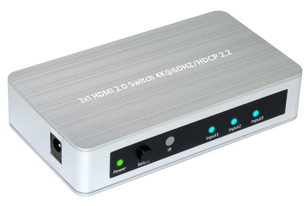 MicroConnect HDMI 2.0 -kytkin 3:1-suuntainen, tukee 4K 60Hz / HDCP2.2. Alumiini/muovi-kytkin MicroConnect HDMI 2.0 -kytkin 3:1-suuntainen, tukee 4K 60Hz / HDCP2.2. Alumiini/muovi-kytkin