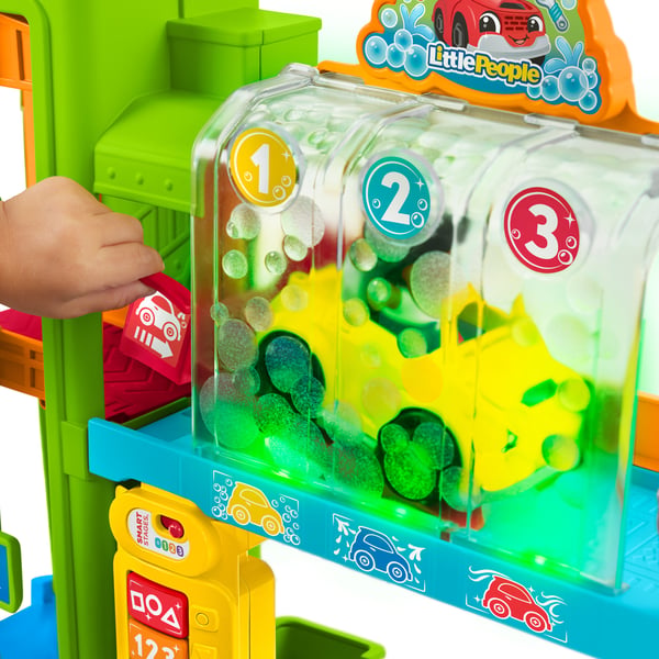 Fisher-Price Little People pedagogiskt upplyst garage för småbarn, 5 lekdelar, flerspråkig version
