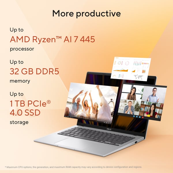 ASUS Vivobook 14 M1407GA-LY012W Copilot+ PC AMD Ryzen AI 7 445 Laptop 35,6 cm (14") WUXGA 16 GB DDR5-SDRAM 512 GB SSD Wi-Fi 6 (802.11ax) Windows 11 Home Sølv QWERTY Hollandsk