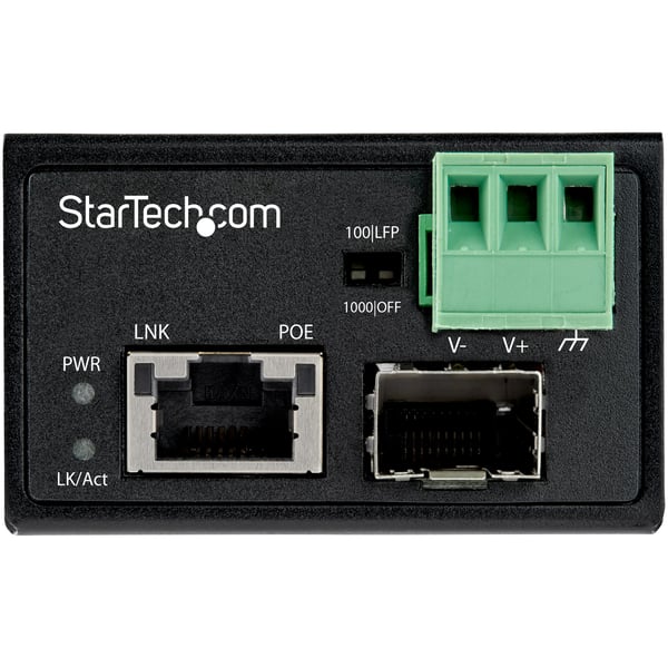 StarTech.com PoE+ industriell fiber till Ethernet-mediakonverterare 30 W - SFP till RJ45 - Singlemode/Multimode fiber till Gigabitkopparnätverk - Mini/kompakt storlek - IP30/-40 &degC till +75 &degC