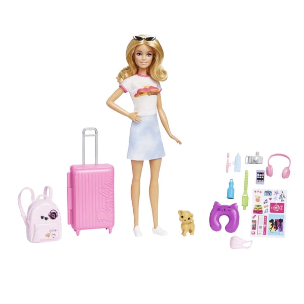 Barbie Dreamhouse Adventures Barbie-dukke og tilbehør, "Malibu" rejsesæt med hundehvalp og over 10 dele inklusive funktionel kuffert Barbie Dreamhouse Adventures Barbie-dukke og tilbehør, "Malibu" rejsesæt med hundehvalp og over 10 dele inklusive funktionel kuffert