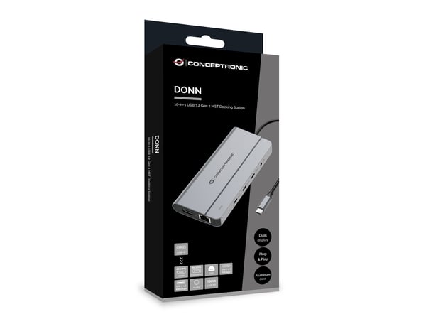 Conceptronic DONN34G kannettavien tietokoneiden telakka ja porttitoistin Langallinen USB 3.2 Gen 2 (3.1 Gen 2) Type-C Harmaa