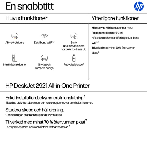 HP DeskJet 2921 Trådlöst All-in-One Färg Skrivare, Instant Ink