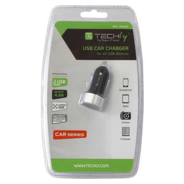 Techly IUSB2-CAR-ADP482 oplader til mobil enhed Universel Sort, Sølv Cigartænder Automatisk