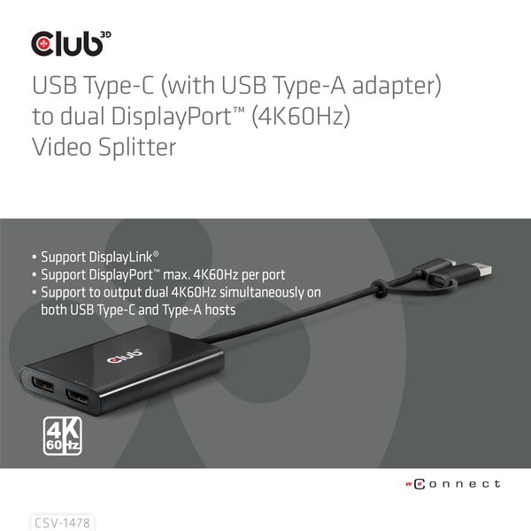 CLUB3D CSV-1478 videohaaroitin USB Type-C 2x DisplayPort