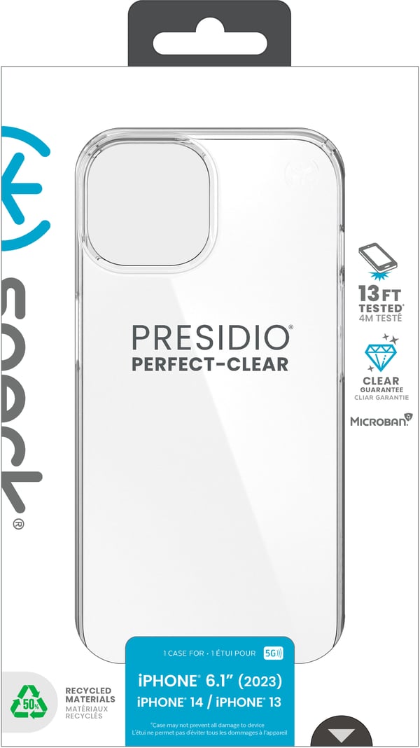 Speck Presidio Perfect-Clear - Fodral för iPhone 15/iPhone 14/iPhone 13 (Genomskinlig)