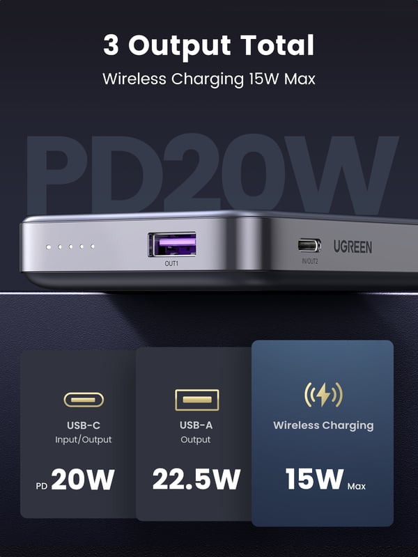 Ugreen 10000mAh Mini Powerbank Wireless 20W with MagSafe grey Lithium polymer (LiPo) Trådløs opladning Grå
