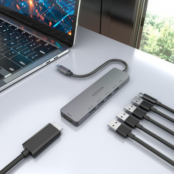 AISENS ASUC-6P047-GR kannettavien tietokoneiden telakka ja porttitoistin Langallinen USB 3.2 Gen 1 (3.1 Gen 1) Type-C Harmaa