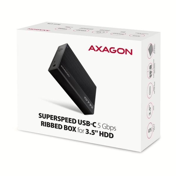 Axagon EE35-GTR USB-C 5Gbps - SATA 6G, 3.5 RIBBED box BLACK - USB Typ C HDD kabinet Sort 3.5"