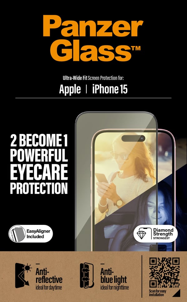 PanzerGlass ® EyeCARE™ Screen Protection iPhone 15 | Ultra-Wide Fit w. EasyAligner Genomskinligt skärmskydd Apple 1 styck