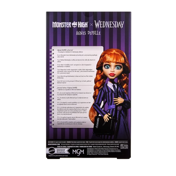 Monster High x Wednesday-samlardocka, Agnes DeMille med lila uniform och tillbehör