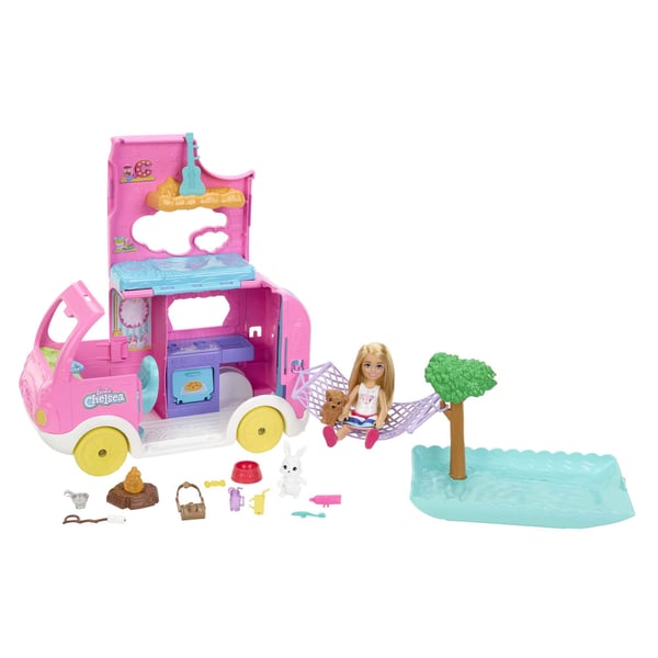 Barbie Chelsea 2 i 1-autocamper og lille -dukke, 2 kæledyr og 15 stk. tilbehør