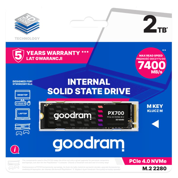 Goodram PX700 SSD SSDPR-PX700-02T-80 SSD-hårddisk 2 TB M.2 PCI Express 4.0 NVMe 3D NAND