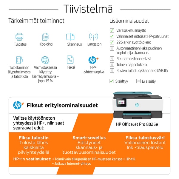 HP OfficeJet Pro 8025e Langaton All-in-One Väri Tulostin, Instant Ink; kaksipuolinen tulostus