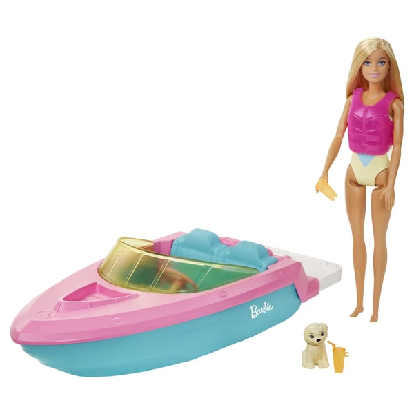 Barbie Barbie-dukke og -båd med hund og tilbehør, flyder på vand, til 3 til 7-årige Barbie Barbie-dukke og -båd med hund og tilbehør, flyder på vand, til 3 til 7-årige