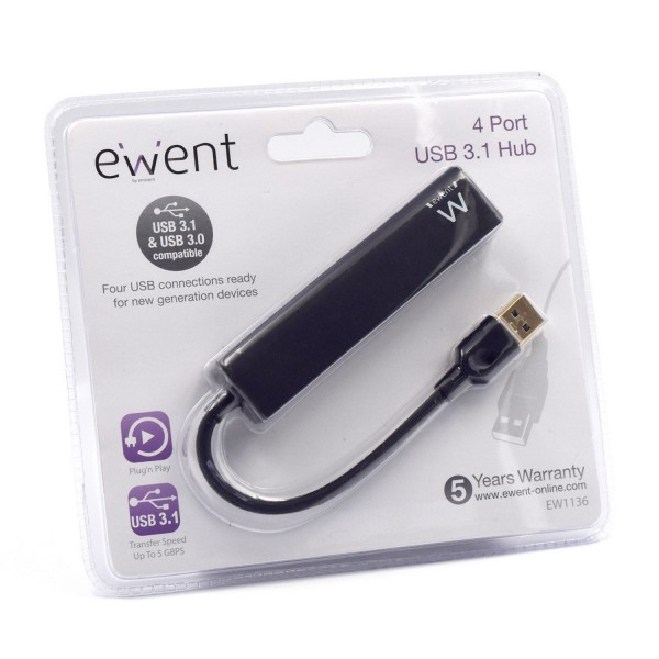 Ewent EW1136 gränssnittshubbar USB 3.2 Gen 1 (3.1 Gen 1) Type-A 480 Mbit/s Svart