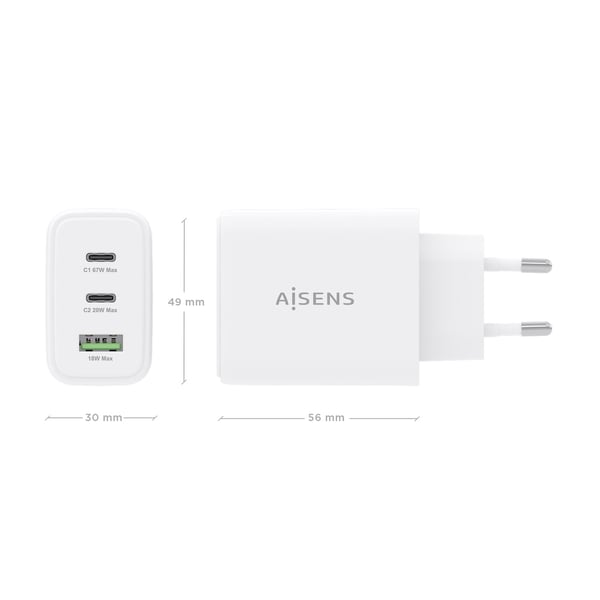 AISENS ASCH-67W3P086-W mobiililaitteen laturi Matkapuhelin, Älypuhelin, Digitaalikamera, Universaali, Tabletti, MP3, MP4, GPS, Kannettava pelikonsoli Valkoinen AC Pikalataus Sisätila