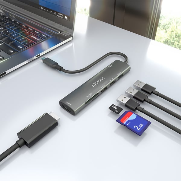 AISENS ASUC-7P027-GR kannettavien tietokoneiden telakka ja porttitoistin Langallinen USB 3.2 Gen 1 (3.1 Gen 1) Type-C Harmaa