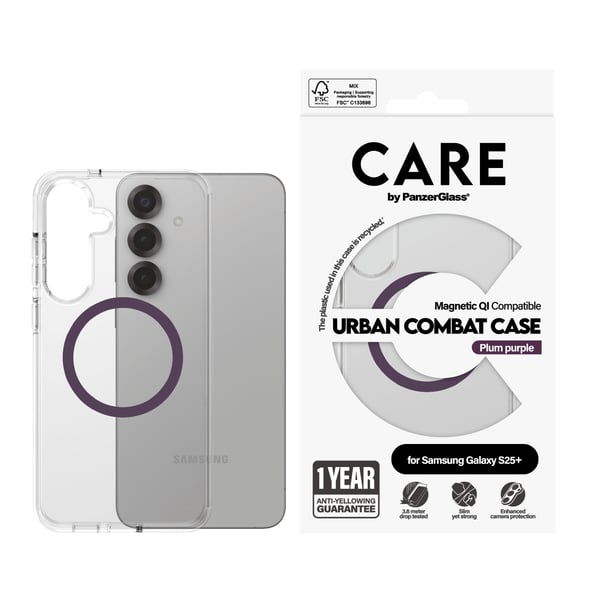 PanzerGlass CARE™ by ® Urban Combat Case Transparent m. Plum Purple Qi Compatible Samsung Galaxy S25+